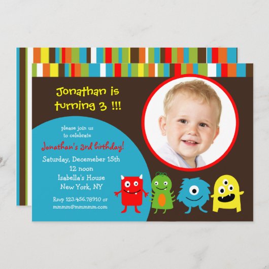 写真とモンスターズバースデーパーティー招待 招待状 (正面/裏面)