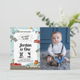 写真とレースカーの誕生日パーティーの招待状 招待状