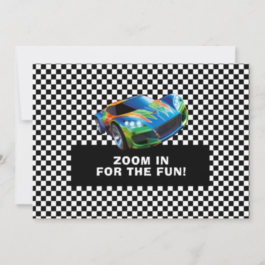 写真とレースカー誕生日パーティー 招待状 (裏面)