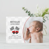 写真とレース市松模様にカーフラッグ誕生 招待状 (スタンド正面)