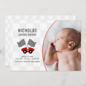 写真とレース市松模様にカーフラッグ誕生 招待状 (正面/裏面)