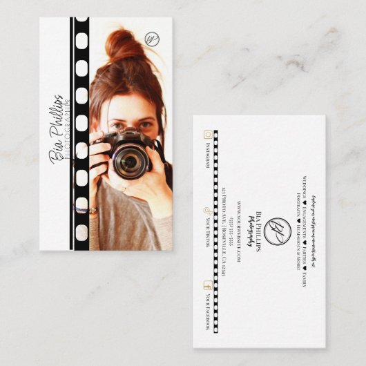 写真とロゴの写真をモノクロで撮影 名刺 (正面/裏面)