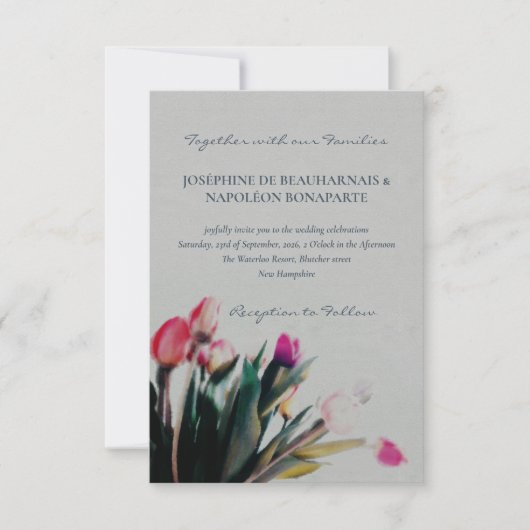 写真とロマンチックなチューリップの結婚水色 招待状 (正面)