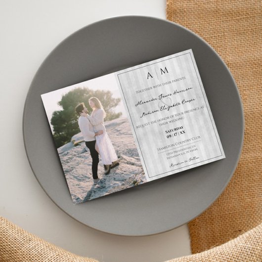 写真とヴィンテージストライプ |グレー結婚ズ 招待状