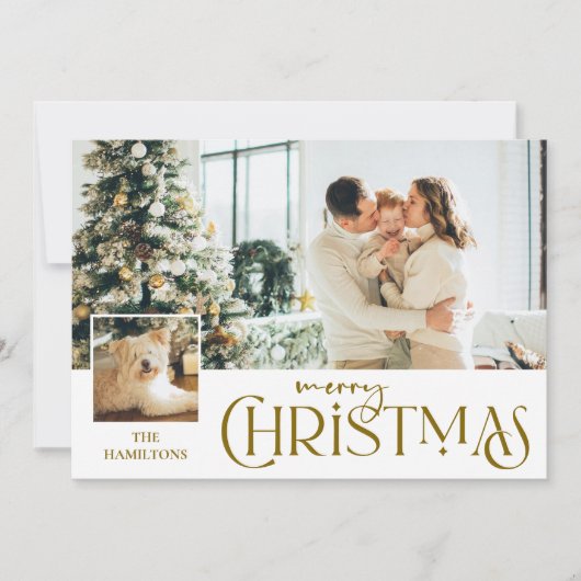 写真と一緒に楽しいクリスマスグリーティング金ゴールド シーズンカード (正面)
