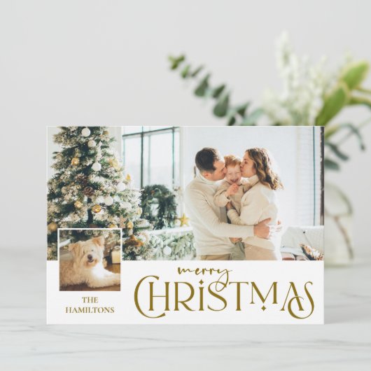 写真と一緒に楽しいクリスマスグリーティング金ゴールド シーズンカード (スタンド正面)
