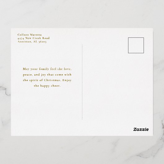 写真と一緒に楽しいクリスマスグリーティング金ゴールド 箔シーズンポストカード (裏面)