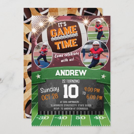 写真と個人的なサッカーの誕生日パーティー 招待状 (正面/裏面)
