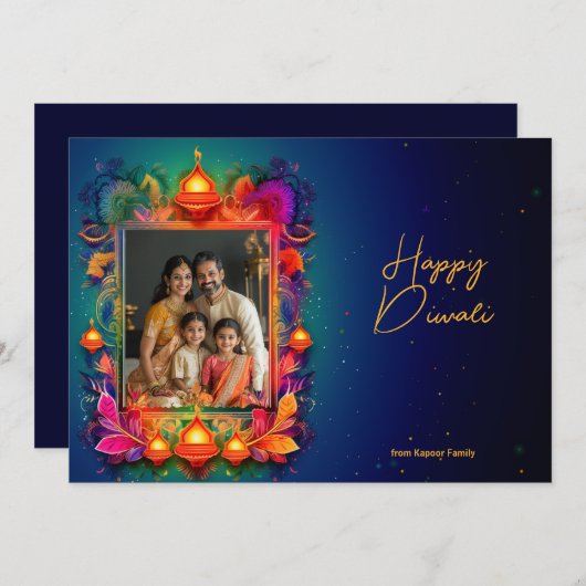 写真と共に、カスタム文字の輝くディワリの願い (正面/裏面)