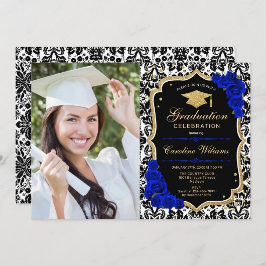 写真と卒業パーティー – 青王室の金ゴールド 招待状 (正面/裏面)