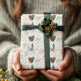 写真と名前でパーソナライズされたロンドンのロマンス ラッピングペーパー