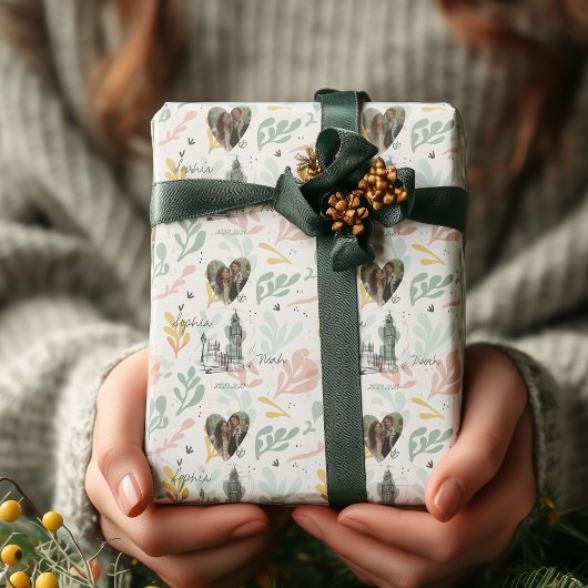 写真と名前でパーソナライズされたロンドンのロマンス ラッピングペーパー
