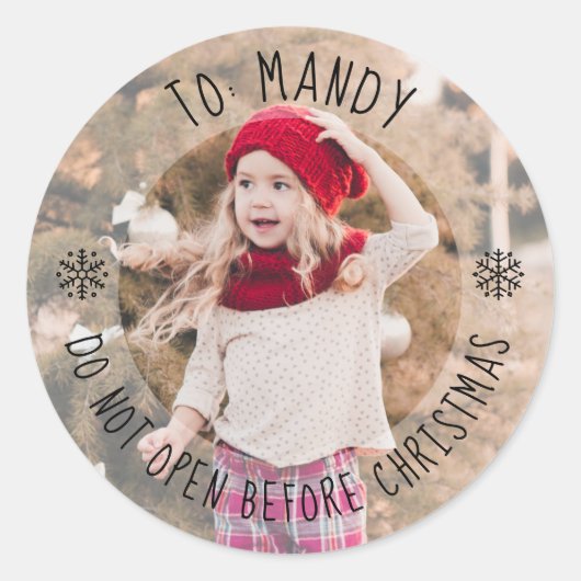 写真と名前のギフト識別子がクリスマスに開く ラウンドシール (正面)