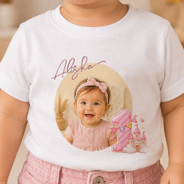 写真と名前のピンクの城のバースデーベビーシャツ ベビーTシャツ