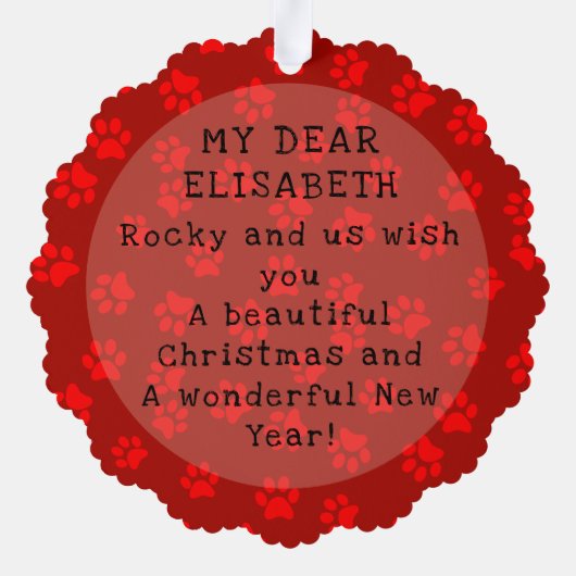 写真と名前を追加おもしろいChristmas Dog Pawprints Red オーナメントカード (裏面)