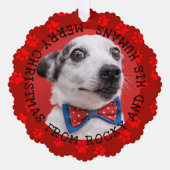 写真と名前を追加おもしろいChristmas Dog Pawprints Red オーナメントカード (正面)
