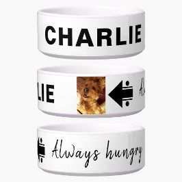 写真と名前を追加する飢えた白黒犬 ボウル