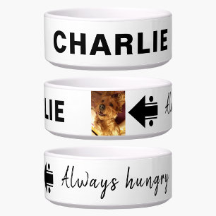 写真と名前を追加する飢えた白黒犬 ボウル