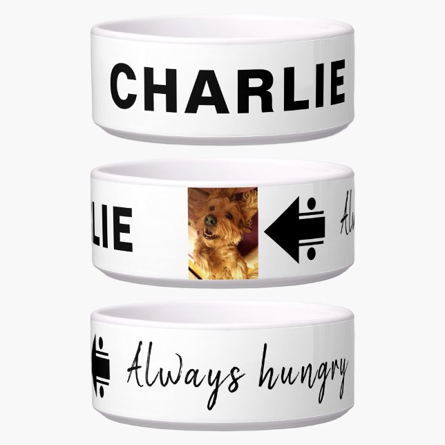 写真と名前を追加する飢えた白黒犬 ボウル (クリエイターアップロード済み)