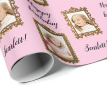 写真と名前を追加ピンク誕生日ラッピング紙