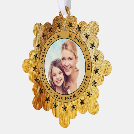 写真と名前を追加Merry Christmas モダン Family オーナメントカード (左)