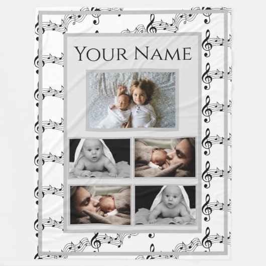 写真と名前カスタム付き音楽ノート フリースブランケット (正面)