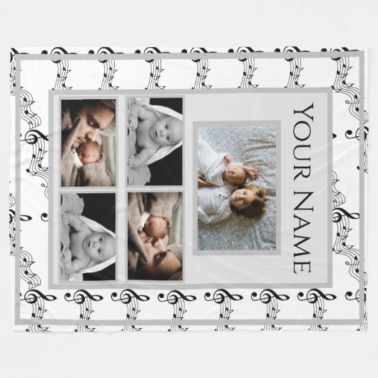 写真と名前カスタム付き音楽ノート フリースブランケット (正面(横))