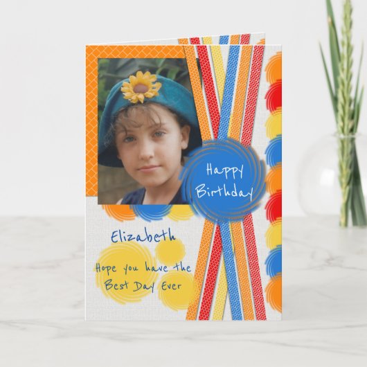 写真と名前最高のオレンジ付きの誕生日の日 カード (正面)