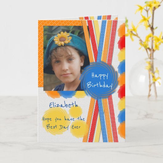 写真と名前最高のオレンジ付きの誕生日の日 カード (黄色い花)