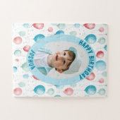 写真と名前、青いバルーン ジグソーパズル (横)