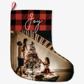 写真と喜びと赤いバッファロープレイド ラージクリスマスストッキング (正面)