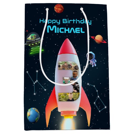 写真と大きい3 | 宇宙ロケット第3誕生日 ミディアムペーパーバッグ (正面)
