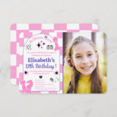 写真と女の子のためのピンクチェスの誕生日パーティー 招待状 (正面/裏面)