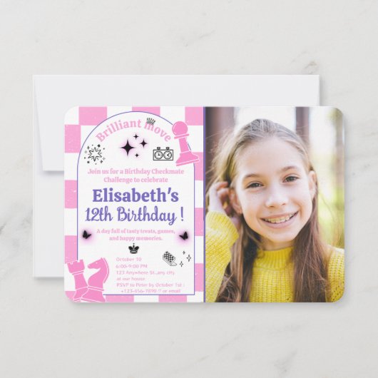 写真と女の子のためのピンクチェスの誕生日パーティー 招待状 (正面)