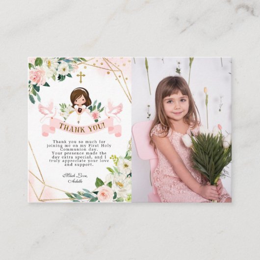 写真と女の子ピンク聖体拝領サンキューカード エンクロージャーカード (正面)
