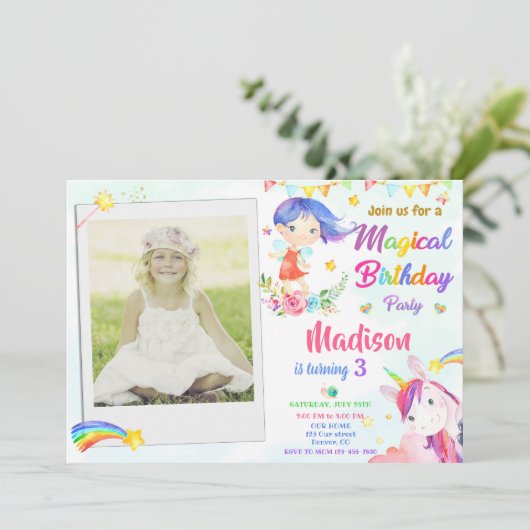 写真と妖精とユニコーンの誕生日の招待状 招待状 (スタンド正面)