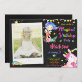 写真と妖精とユニコーンの誕生日の招待状 招待状 (正面/裏面)