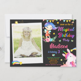 写真と妖精とユニコーンの誕生日の招待状 招待状