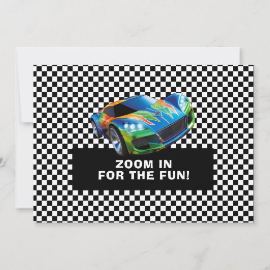 写真と少年のパーティーのための高速の車テーマ 招待状 (裏面)