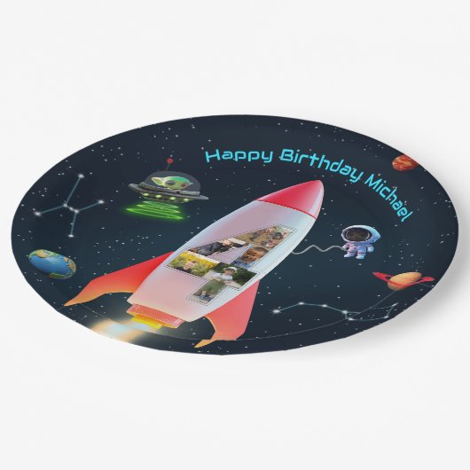 写真と巨大な4つ | 宇宙ロケット4th誕生日 ペーパープレート (アングル)