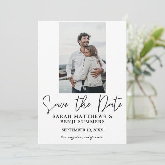 写真と手のタイポグラフィ日付を保存2 White Vert 招待状 (スタンド正面)