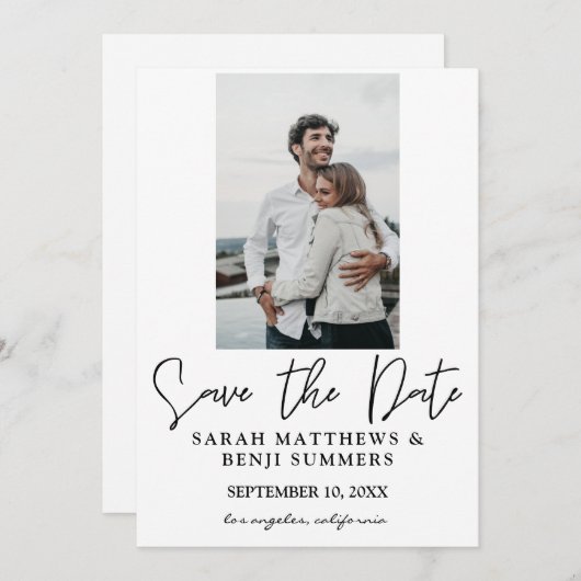 写真と手のタイポグラフィ日付を保存2 White Vert 招待状 (正面/裏面)