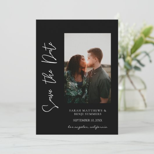 写真と手のタイポグラフィ日付を保存3 B垂直 招待状 (スタンド正面)
