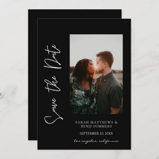 写真と手のタイポグラフィ日付を保存3 B垂直 招待状 (正面/裏面)