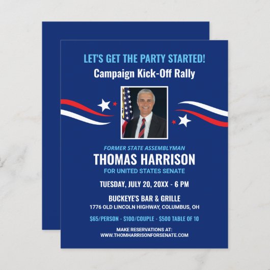 写真と政治的な資金集めキャンペーンのキックオフ (正面/裏面)