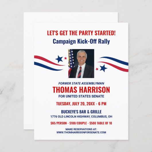 写真と政治的な資金集めキャンペーンのキックオフ (正面/裏面)