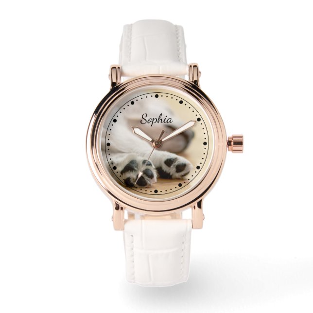 写真と文字、および任意の色点々のある時計顔 腕時計 (正面)