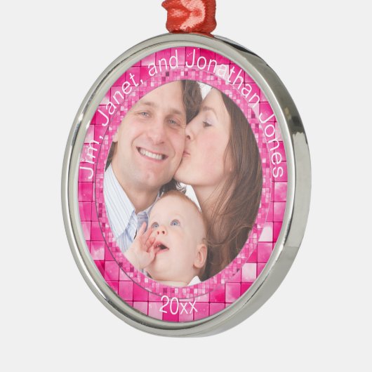 写真と文字- Duo-tone明るい赤紫色タイルのパターン メタルオーナメント (左)