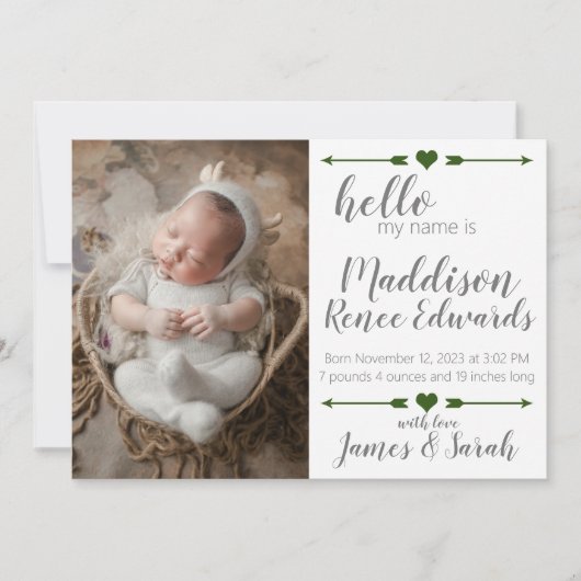 写真と新生児の誕生のお知らせ 招待状 (正面)