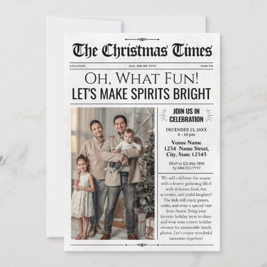 写真と新聞のクリスマスパーティの招待状 招待状 (正面)